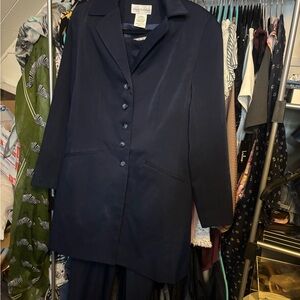 Elegant Longline Navy Women's Blazer and Pants Suit Set